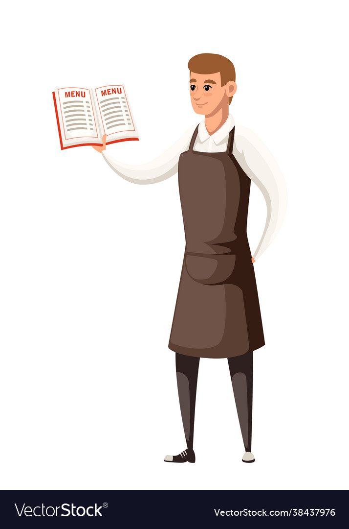 Waiter wearing uniform holding menu book