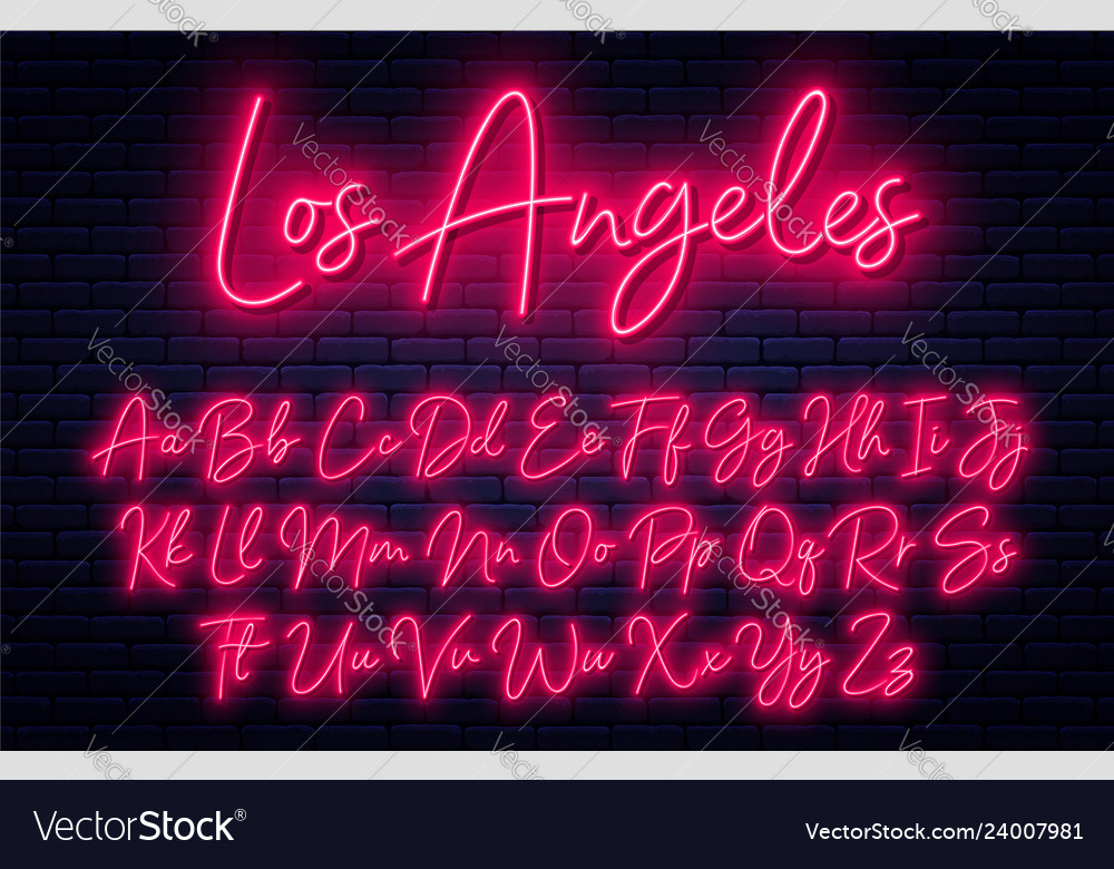 Glowing neon script alphabet. Neon font with uppercase and