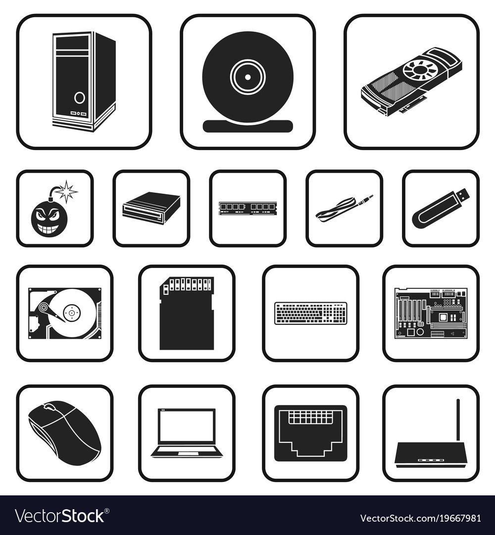 Personal computer black icons in set collection