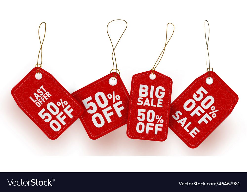 Red price sale tags hanging on a rope Royalty Free Vector