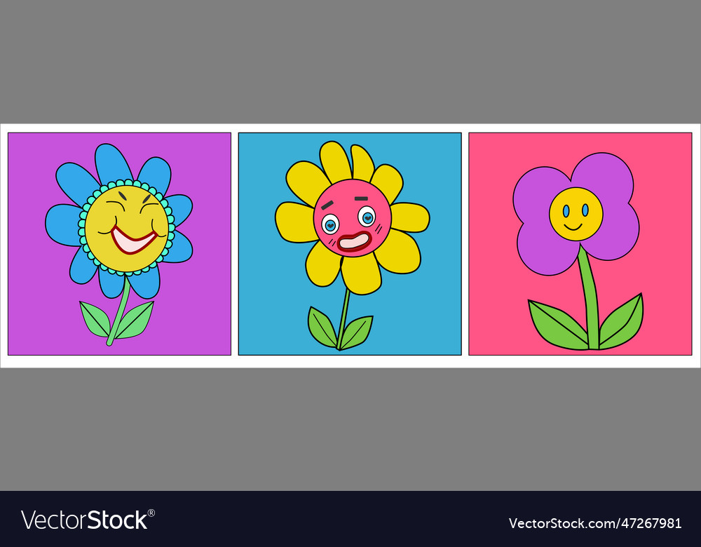 Set of retro posters flowers with smiles