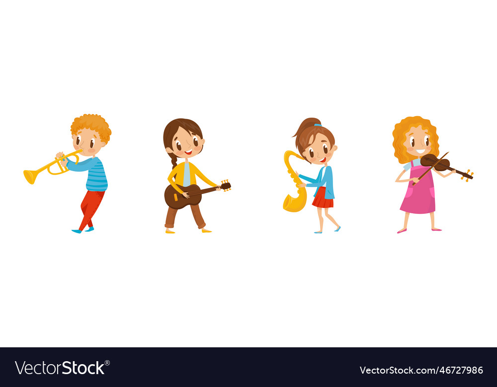 Little boy and girl characters playing musical