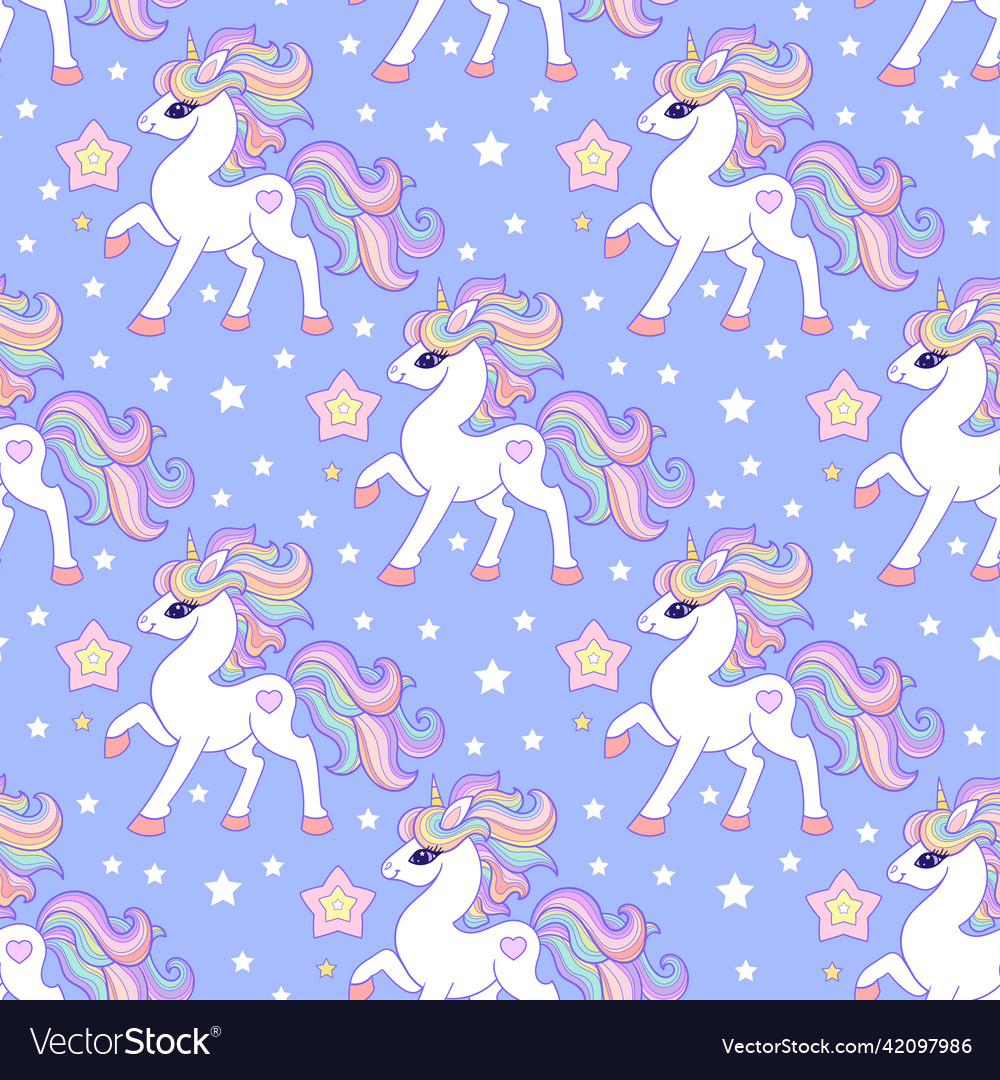 Seamless pattern with rainbow unicorns and stars