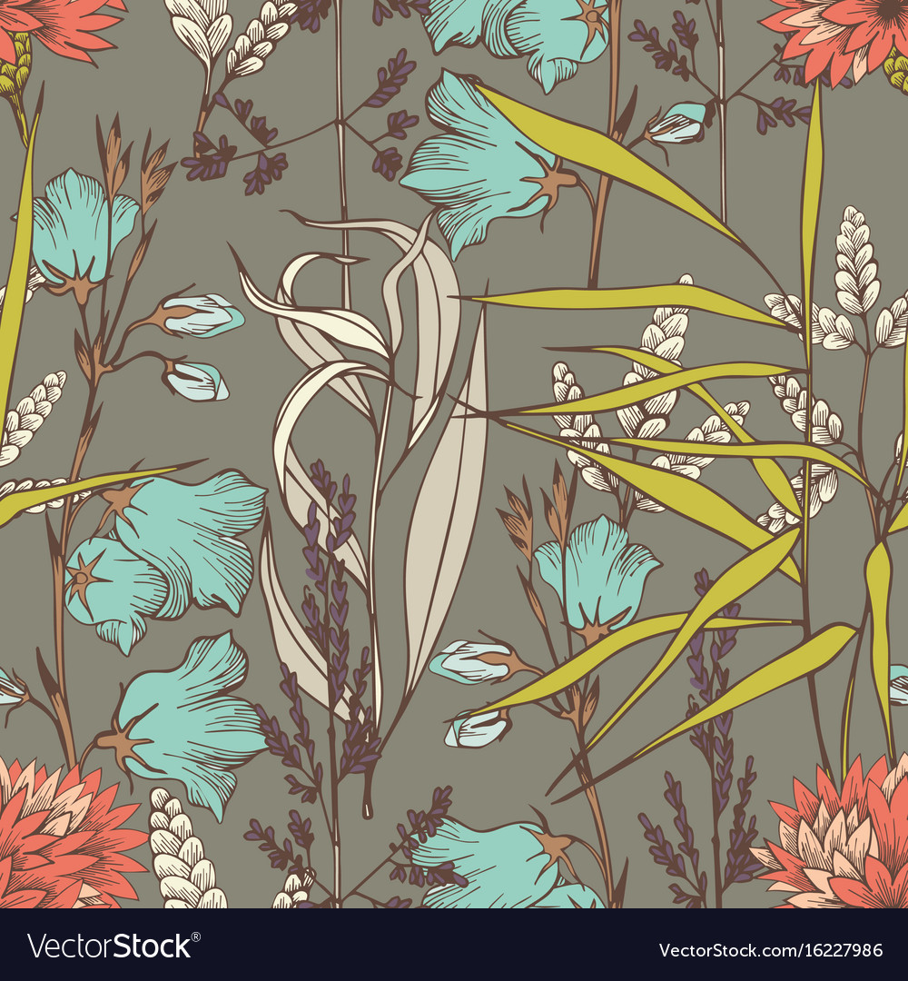 Wildflowers hand drawing seamless pattern