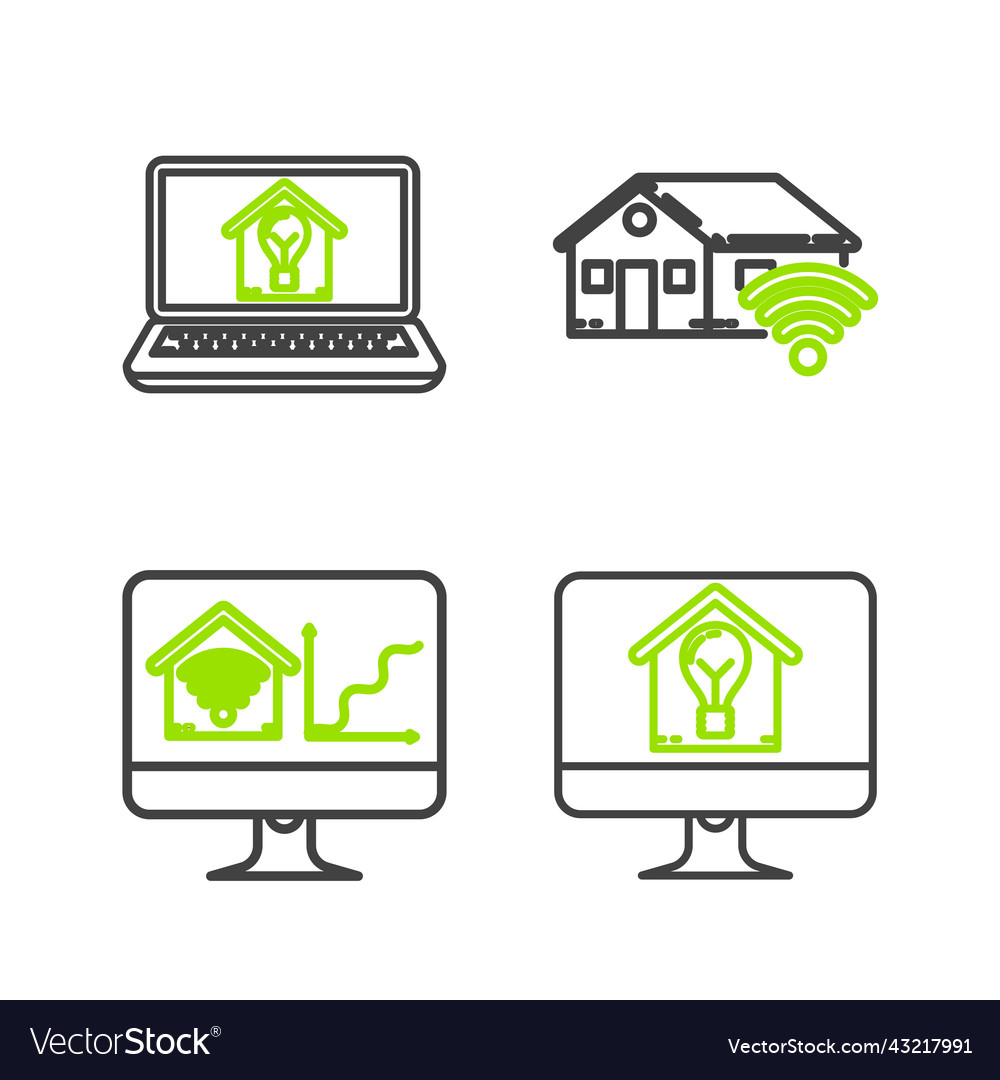 Set line computer monitor with smart house Vector Image Set line computer monitor with smart house