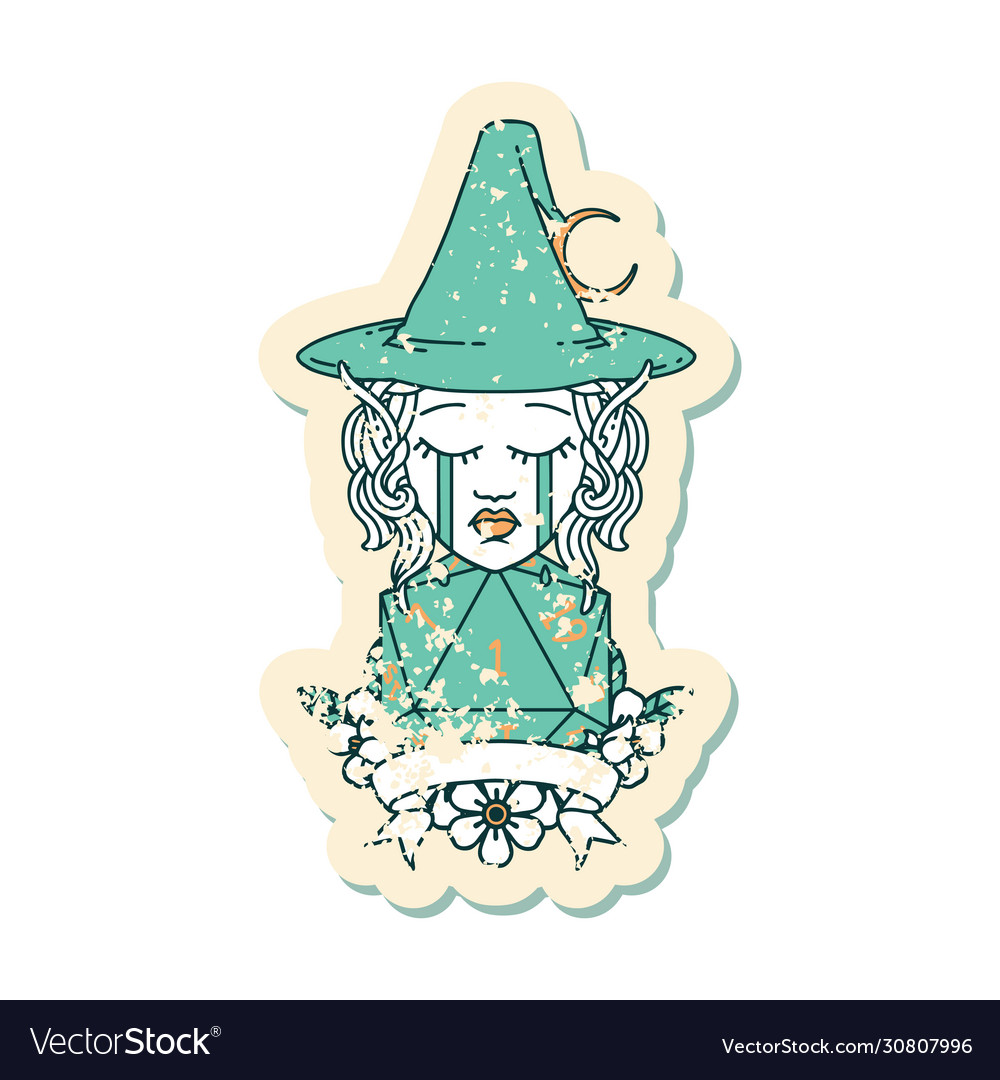 Crying elf mage character with natural one dice