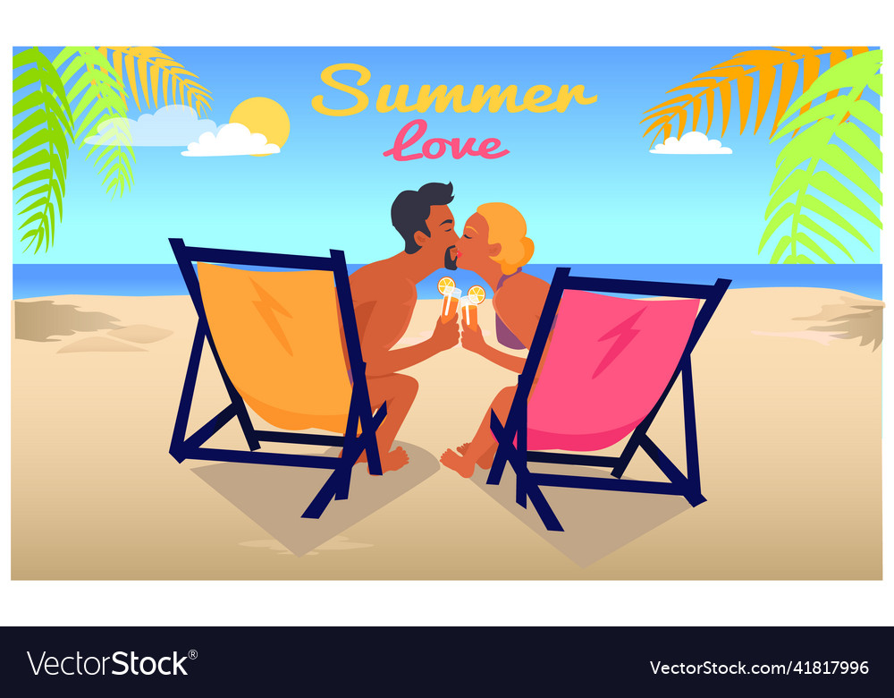 Man and woman kiss in recliners on sandy beach vector image Man and woman kiss in recliners on sandy beach