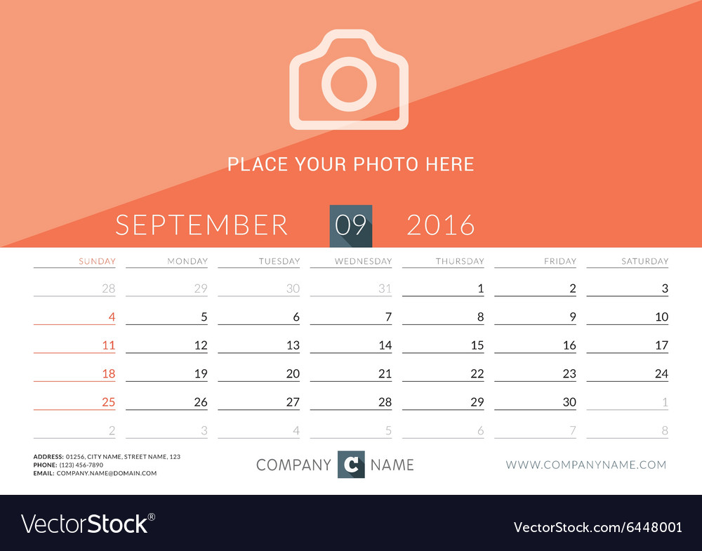 Desk calendar 2016 print template september week