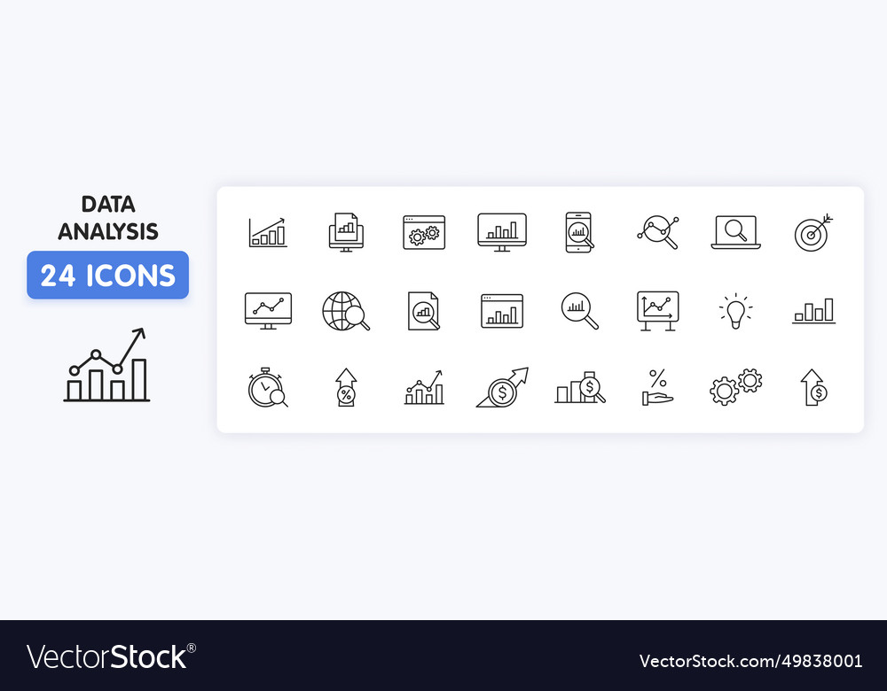 Set of 24 data analysis web icons in line style vector image Set of 24 data analysis web icons in line style