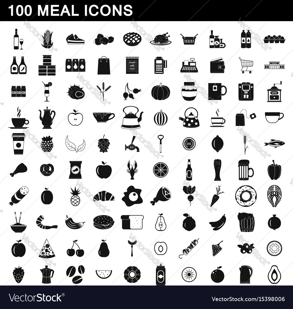 100 meal icons set simple style Royalty Free Vector Image