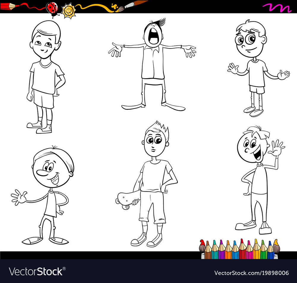 Cartoon kids characters coloring book Royalty Free Vector