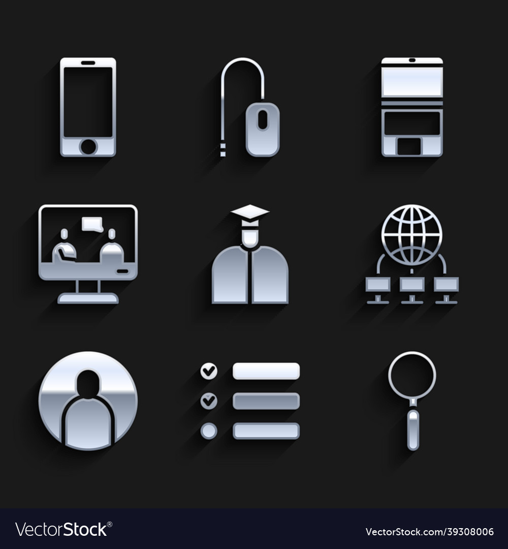 Set student task list magnifying glass computer vector image Set student task list magnifying glass computer