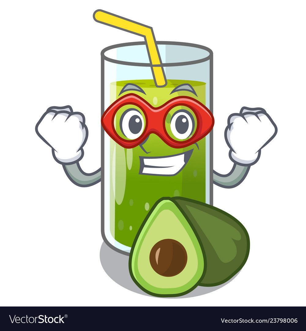 Super hero avocado smoothie on wooden cartoon