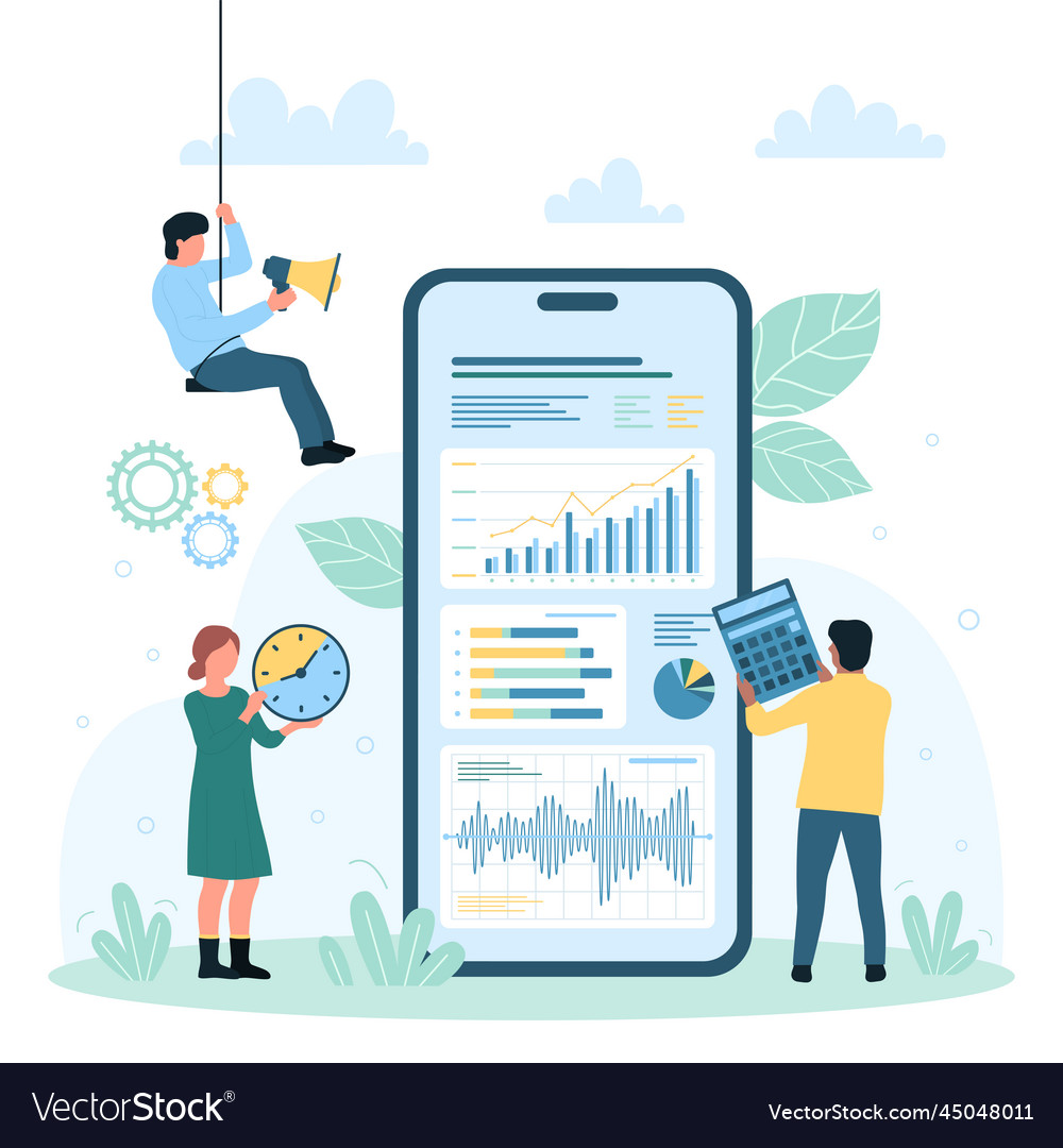 Digital data analysis tiny people monitor graphs Vector Image Digital data analysis tiny people monitor graphs