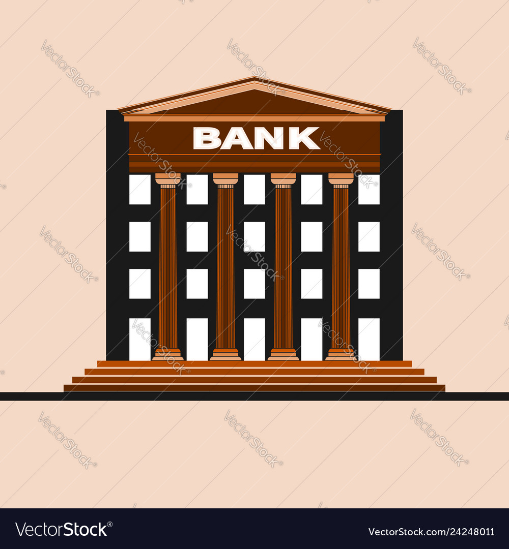 Facade of a bank building with gable and columns