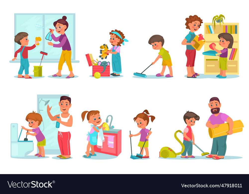 Family housework cute children help their parents Vector Image