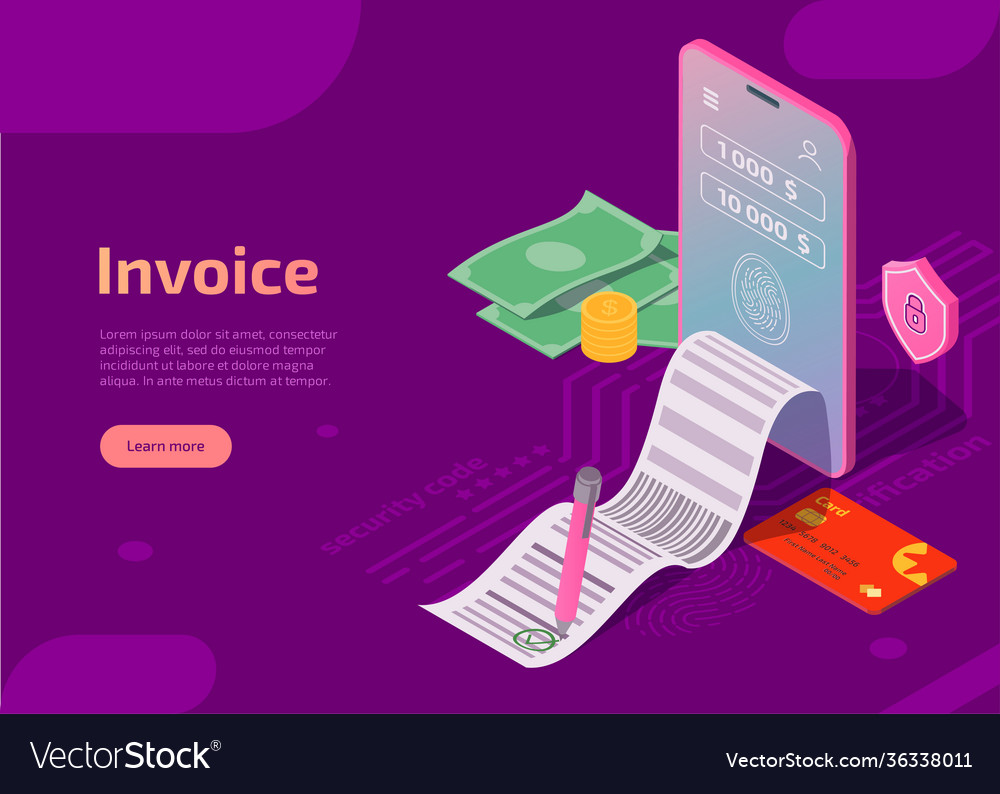 Invoice landing page with mobile phone Royalty Free Vector