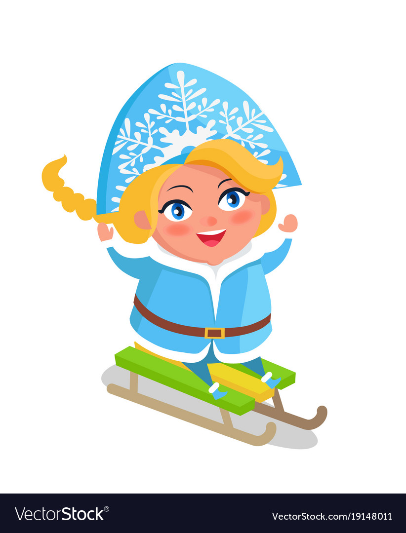 Snow Maiden With Blue Eyes Blonde Hair On Sleigh Vector Image