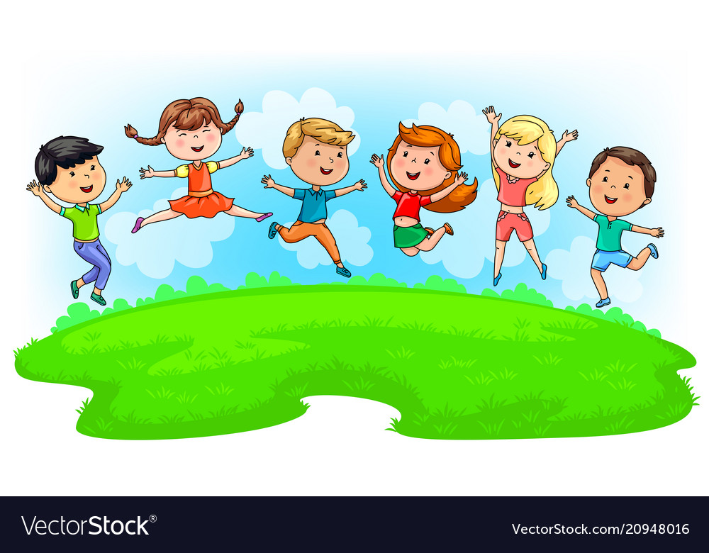 Cute kids jumping on green meadow and blue sky Vector Image