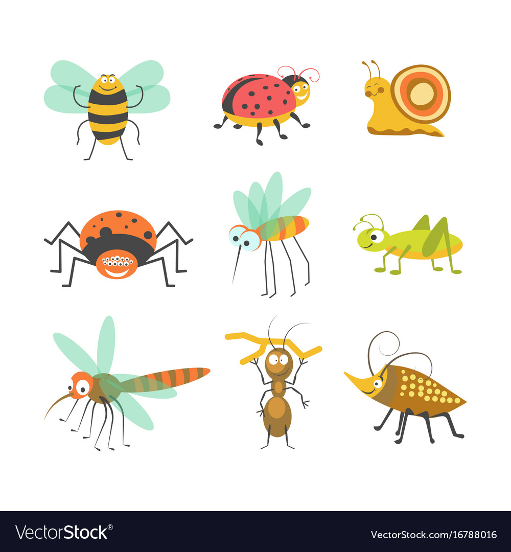 Funny cartoon insects and bugs isolated Royalty Free Vector