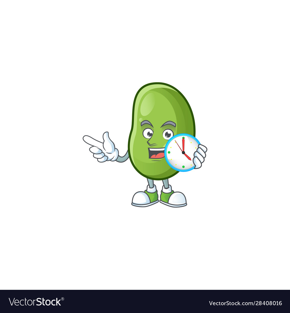 Happy green beans cartoon mascot style with clock