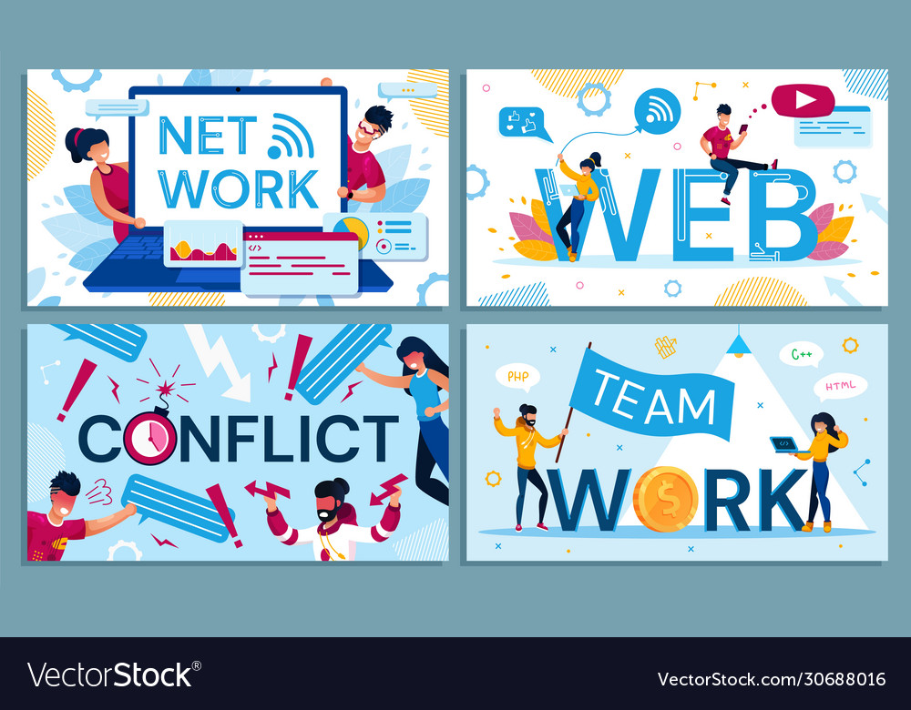 Net and web connection team work conflict set vector image Net and web connection team work conflict set