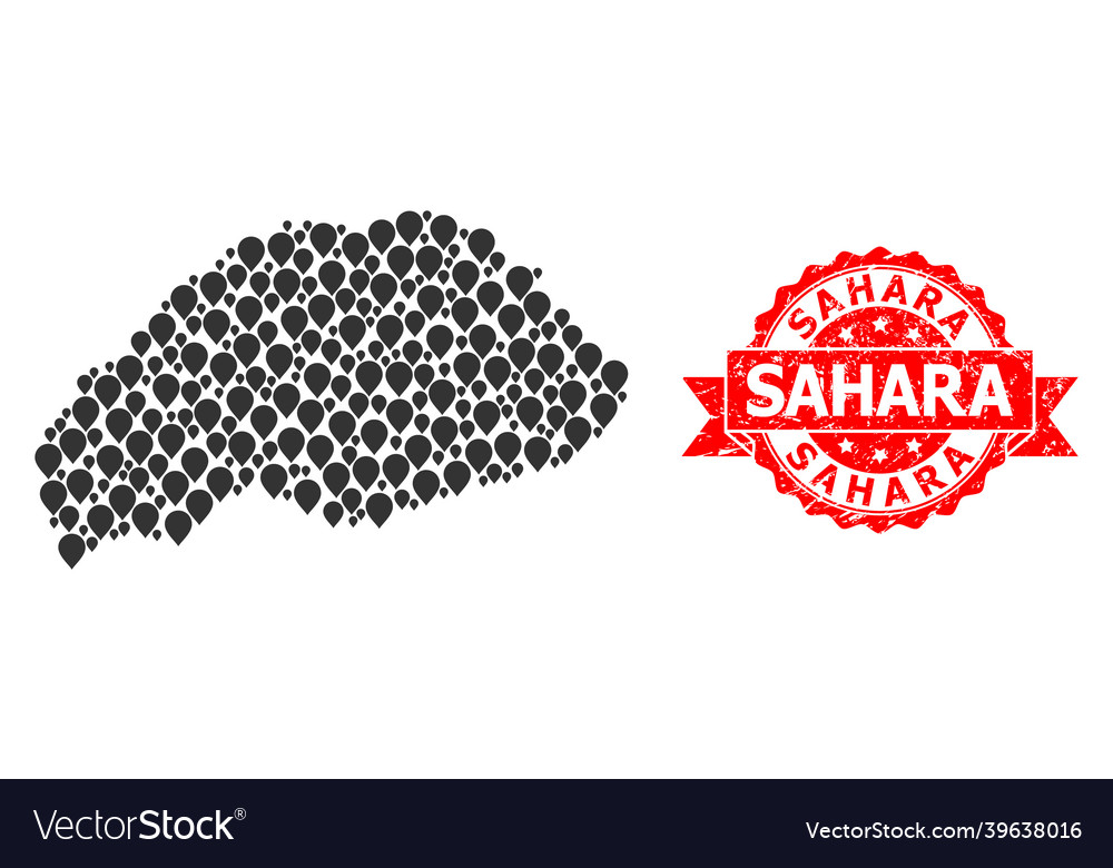 Textured sahara stamp and pointer mosaic map vector image Textured sahara stamp and pointer mosaic map