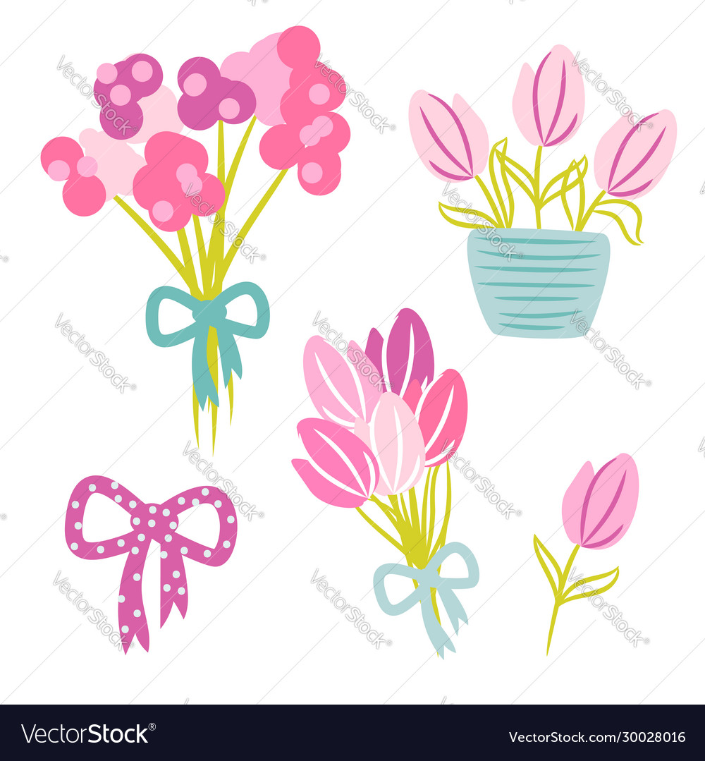 Tulips spring bouquet with bow cartoon