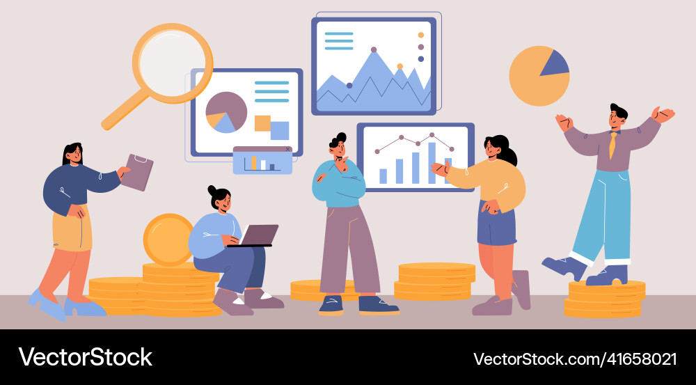 People work with business analytic data Royalty Free Vector