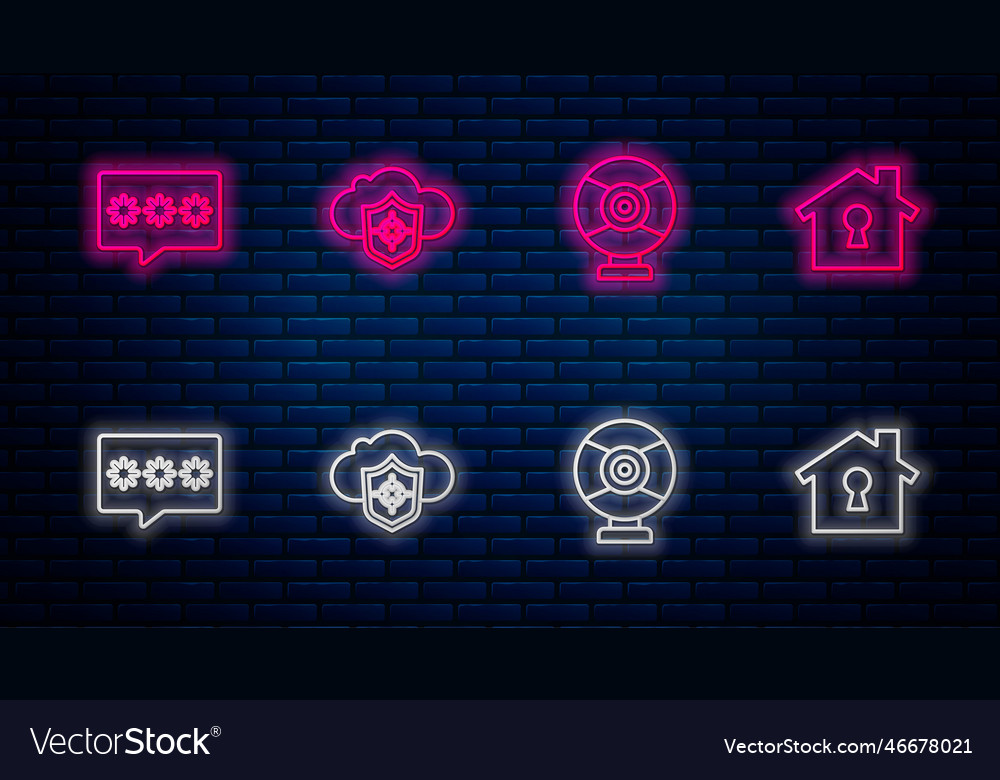 Set line cloud and shield security camera vector image Set line cloud and shield security camera