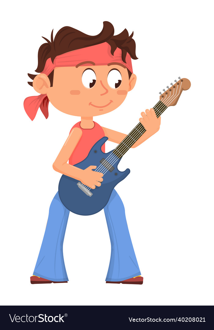 Young rock player boy playing on electric guitar