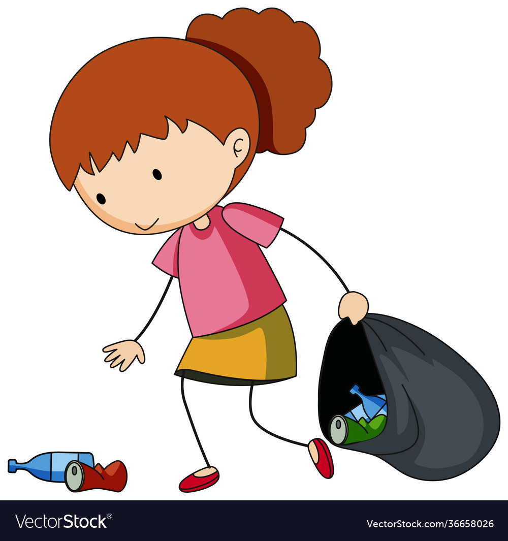A doodle girl cleaning trash cartoon character Vector Image