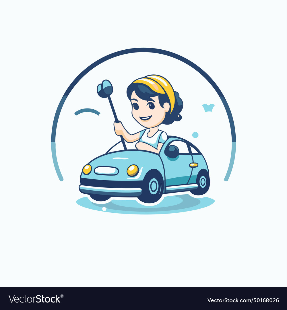 Cute boy driving a car and holding steering