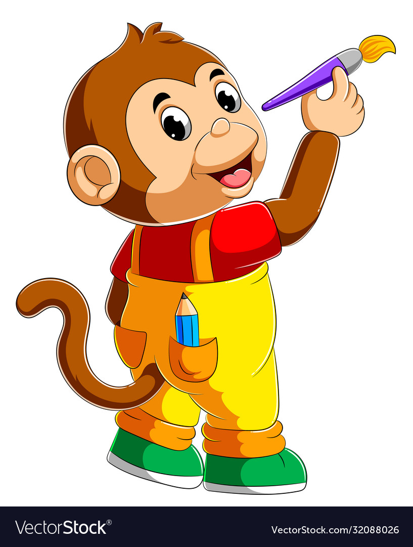Cute monkey holding paint brush Royalty Free Vector Image