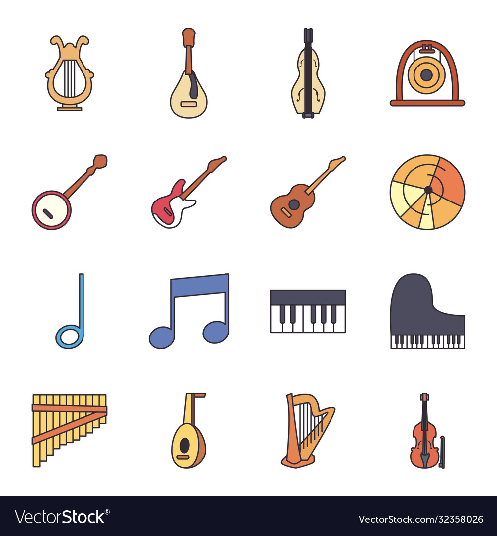 Music instruments line and fill style icon set
