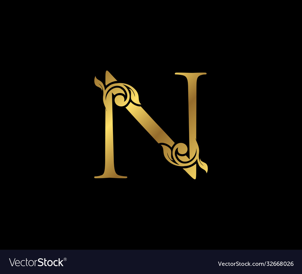 N letter floral gold logo classy drawn emblem Vector Image