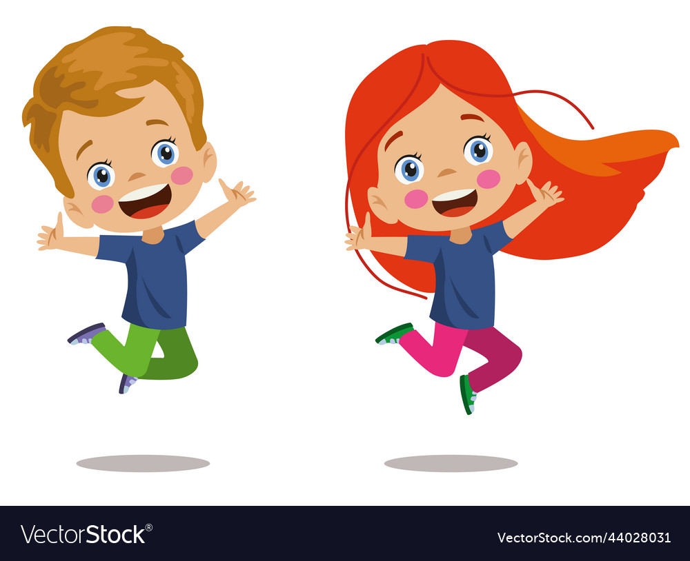 Cute happy boy and girl jumping Royalty Free Vector Image