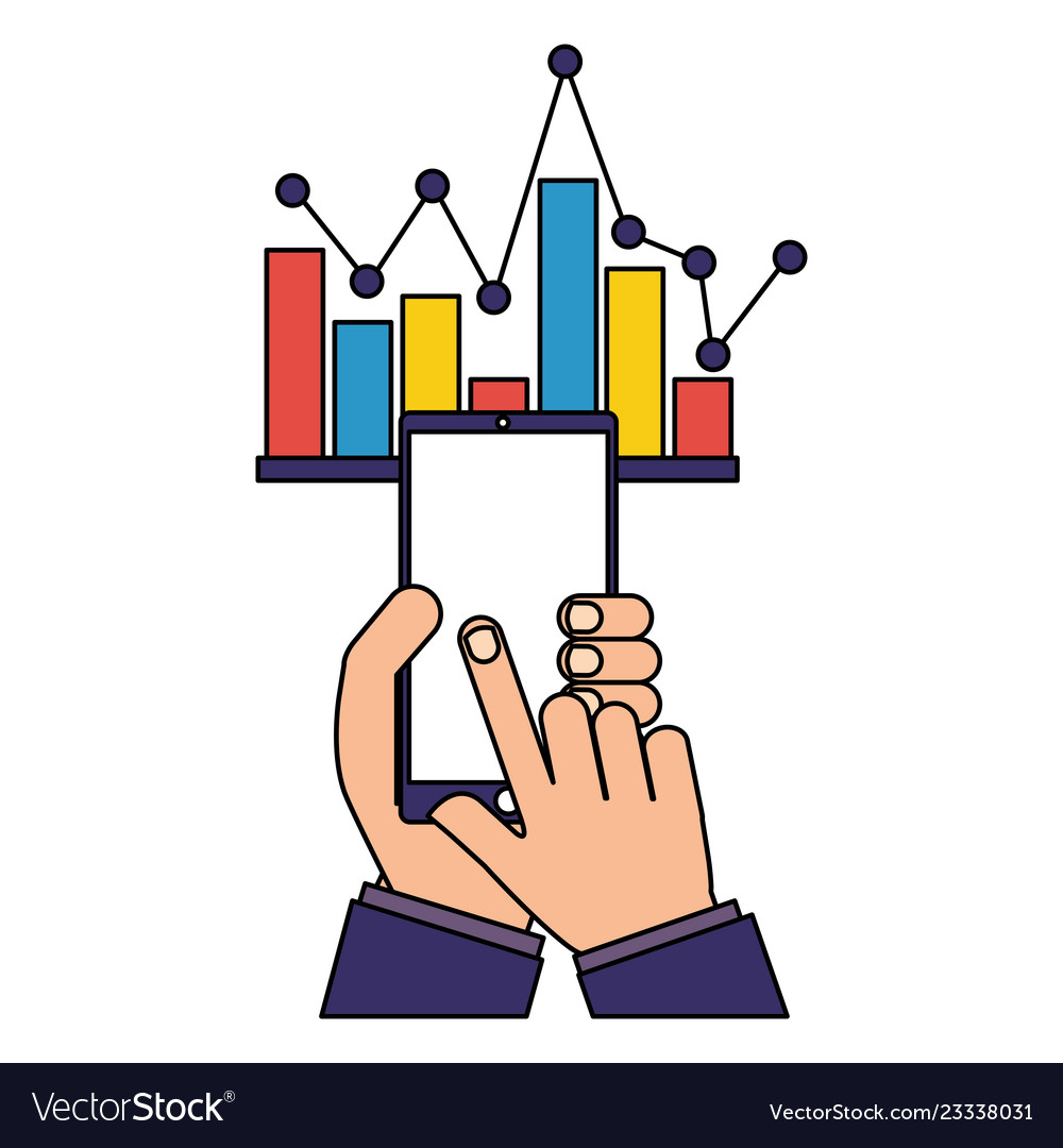 Hands with mobile statistics chart report
