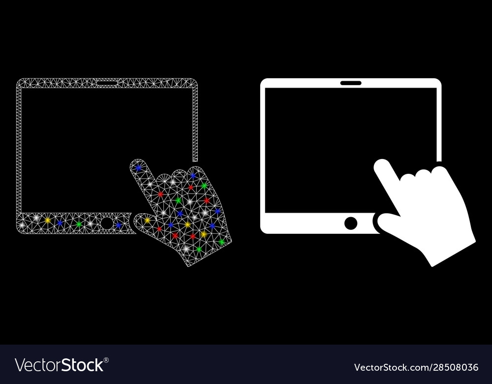 Bright mesh 2d hand pointer tablet icon with flash vector image Bright mesh 2d hand pointer tablet icon with flash