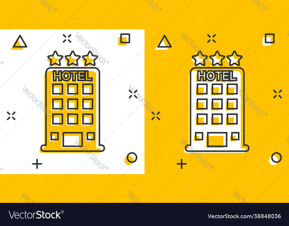 Cartoon hotel icon in comic style tower sign