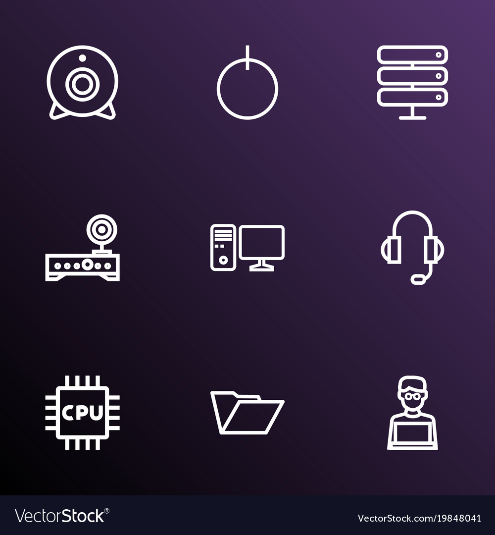 Hardware icons line style set with man laptop