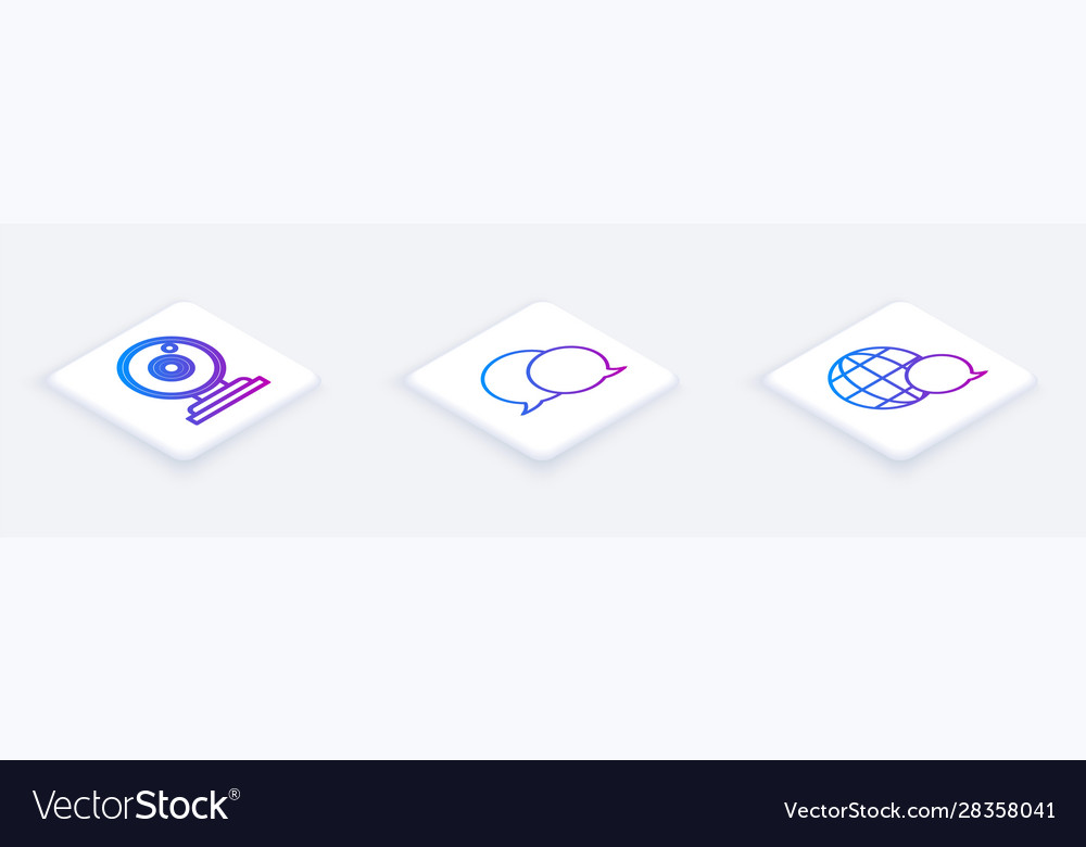 Set isometric line web camera speech bubble chat