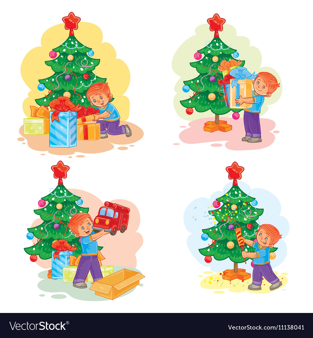 set of icons little boy opening christmas presents boy christmas presents