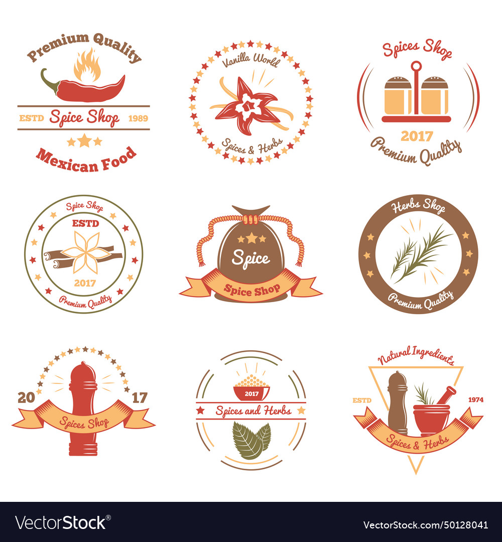 Spices and herbs colored emblems