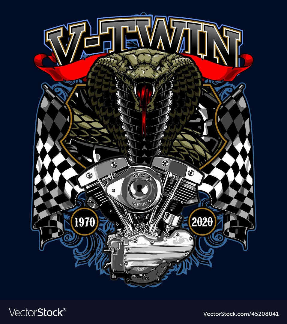 V-twin and king cobra engine with checkered flag