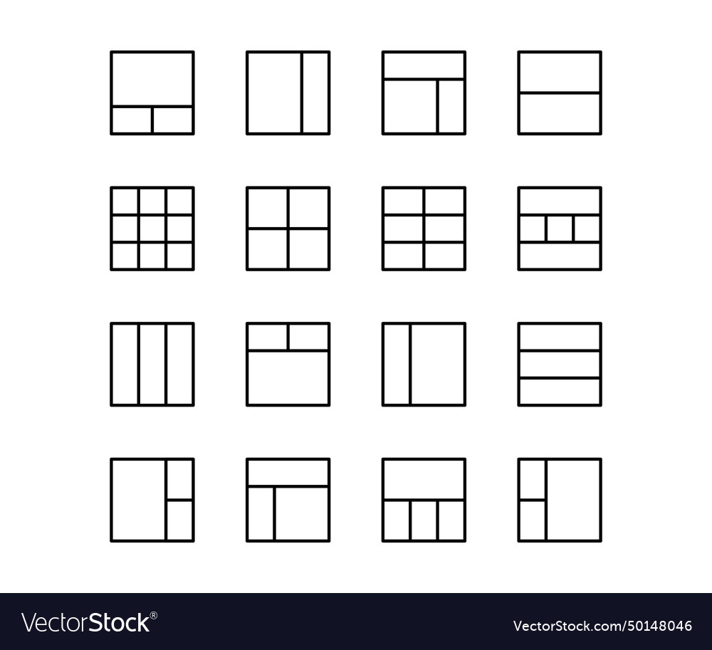 Black line icon set grid layout website element vector image Black line icon set grid layout website element