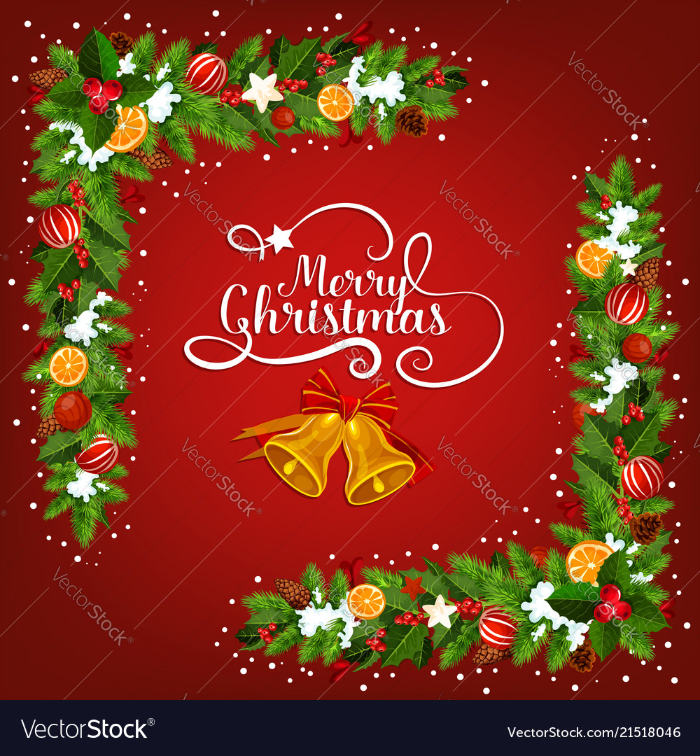 christmas bell greeting card with garland corner vector image