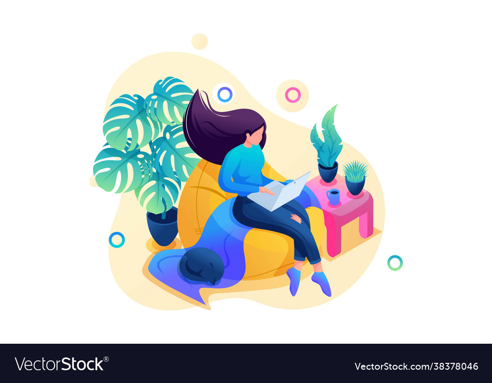 Isometric 3d young girl works at home on a soft