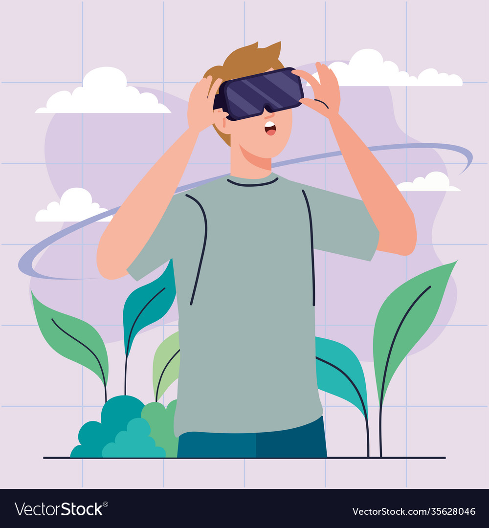 Man using reality virtual mask technology device