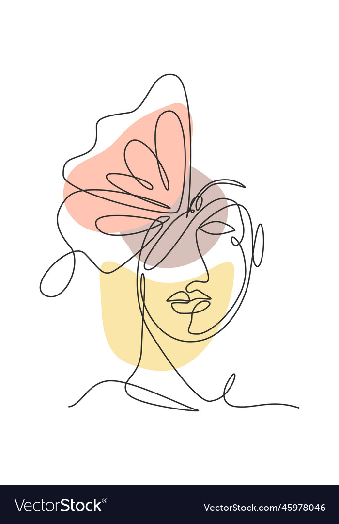 One single line drawing woman with butterfly